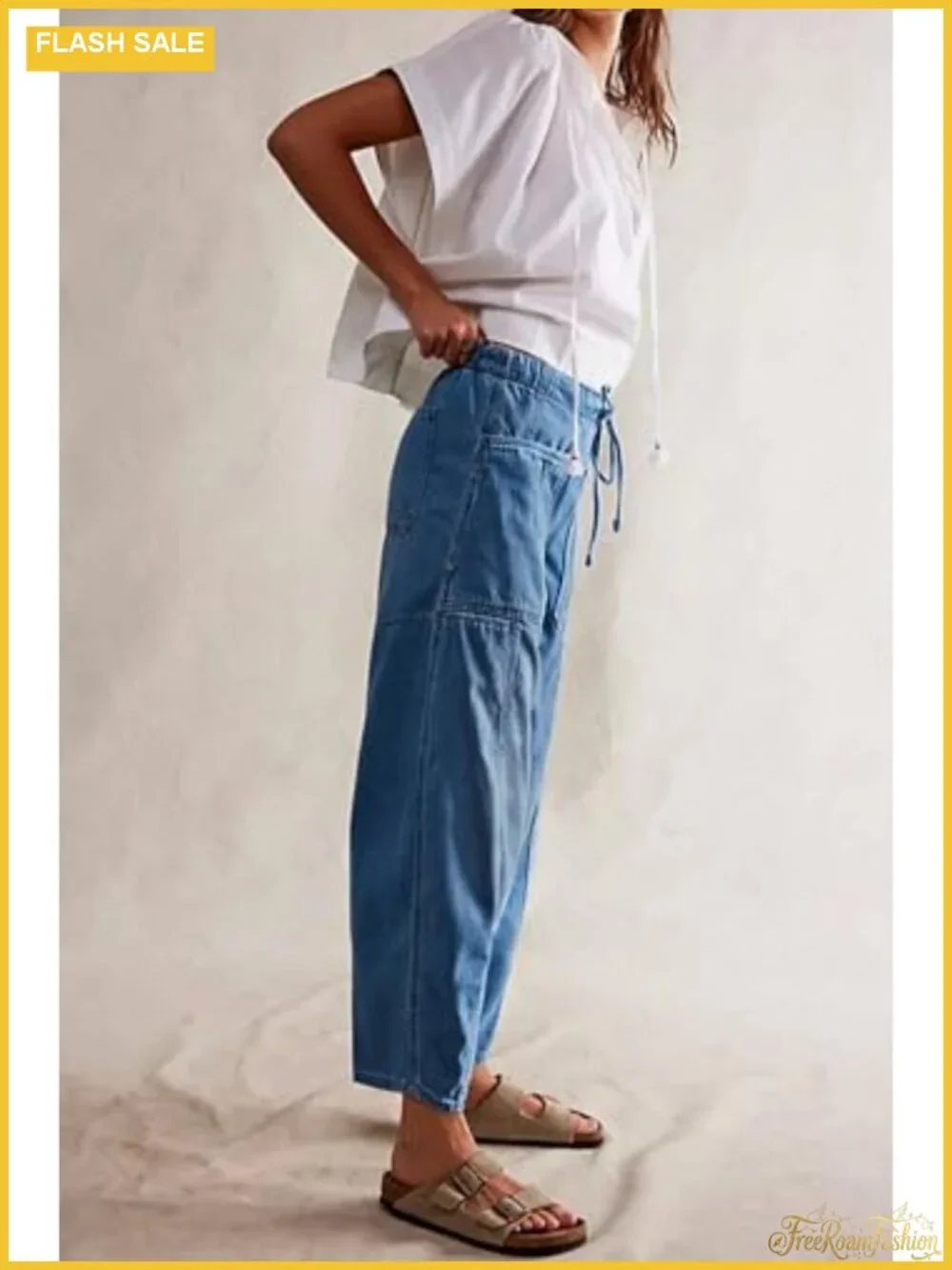 Women's Wide Leg Cropped Jeans Elastic Waist Drawstring High Rise Denim Pants